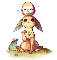 Rule 34 | 10s, :o, ^ ^, arm up, artist name, beak, bird, brown eyes, closed eyes, creatures (company), ears down, faux figurine, foxlett, full body, game freak, gen 4 pokemon, gen 7 pokemon, grass, heart, leafeon, looking up, nintendo, no humans, on head, open mouth, owl, plant, pokemon, pokemon (creature), pokemon on head, pokemon sm, rowlet, simple background, sitting, white background