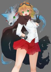 Rule 34 | 1girl, :d, absurdres, ahoge, bellerevel!, black gloves, blonde hair, borrowed character, cape, dress shirt, closed eyes, fox, gloves, goggles, goggles on head, green eyes, haruno makoto, highres, looking at viewer, miniskirt, open mouth, original, pleated skirt, red skirt, reku hisui, shirt, short hair, skirt, sleeves rolled up, smile, solo, w, white shirt