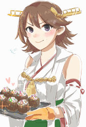 Rule 34 | 1girl, absurdres, brown hair, commentary request, cupcake, detached sleeves, flipped hair, food, green skirt, grey eyes, hagioshi, hairband, headgear, hiei (kancolle), highres, japanese clothes, kantai collection, looking at viewer, oven mitts, ribbon-trimmed sleeves, ribbon trim, short hair, simple background, skirt, solo, upper body, white background