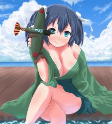Rule 34 | 10s, 1girl, :q, aircraft, airplane, bare shoulders, blue eyes, blue hair, blush, breasts, brown gloves, cleavage, female focus, gloves, hair ribbon, highres, japanese clothes, kantai collection, large breasts, crossed legs, looking at viewer, maromi gou, matching hair/eyes, off shoulder, ribbon, short hair, sitting, solo, souryuu (kancolle), tongue, tongue out, twintails