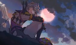 Rule 34 | 1boy, arms on knees, boots, fire emblem, fire emblem engage, hair ornament, high collar, highres, long sleeves, looking at viewer, moon, night, night sky, nil (fire emblem), nintendo, red eyes, saneyoshiii7, short hair, sitting, sky, smile, solo, white hair