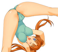 Rule 34 | 00s, 1girl, a1 (initial-g), ass, blue eyes, breasts, cameltoe, cleavage, covered erect nipples, hands reach floor, kaleido star, large breasts, leotard, long hair, mia guillem, one eye closed, orange hair, partially visible vulva, simple background, solo, spread legs, swimsuit, taut clothes, top-down bottom-up, twintails, upside-down, wink