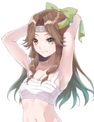 Rule 34 | 1girl, armpits, arms up, breasts, brown eyes, brown hair, chest sarashi, cleavage, forehead protector, hair intakes, half updo, headband, holding, holding hair, jintsuu (kancolle), jintsuu kai ni (kancolle), kantai collection, long hair, medium breasts, mitsuyo (mituyo324), sarashi, simple background, smile, solo, upper body, white background