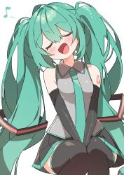 Rule 34 | absurdres, commentary request, elbow gloves, gloves, green eyes, green hair, hatsune miku, highres, music, musical note, pleated skirt, singing, skirt, twintails, uruti 2388, vocaloid
