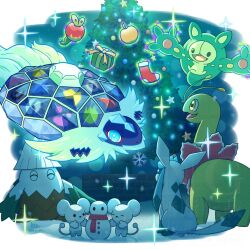 apple applin black_eyes blue_eyes blush blush_stickers christmas christmas_stocking christmas_tree closed_eyes commentary creatures_(company) food fruit game_freak gen_2_pokemon gen_4_pokemon gen_5_pokemon gen_8_pokemon gift glaceon meganium nintendo no_humans open_mouth pokemon pokemon_(creature) reuniclus scarf sitting smile snover snowflakes snowman standing tandemaus telekinesis terapagos terapagos_(terastal) wataame4907 yellow_eyes