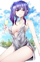 Rule 34 | 1girl, absurdres, areola slip, azur lane, backless dress, backless outfit, bare shoulders, blue hair, blue nails, breasts, center opening, champagne flute, cleavage, cup, dress, drinking glass, evening gown, hair between eyes, hair ornament, hairclip, halter dress, halterneck, highres, huge filesize, jewelry, large breasts, looking to the side, nail polish, necklace, official alternate costume, pink eyes, plunging neckline, revealing clothes, samip, side ponytail, sidelocks, silver dress, sitting, sleeveless, sleeveless dress, st. louis (azur lane), st. louis (luxurious wheels) (azur lane)