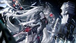 alternate_costume apple bandages bare_tree black_nails food fruit halo headgear highres holding holding_food holding_fruit looking_at_viewer luna_(pgr) mechanical_halo mechanical_legs night night_sky official_alternate_costume official_art pillar punishing:_gray_raven red_eyes sky tree twintails white_hair