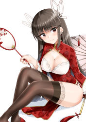 Rule 34 | 1girl, absurdres, black thighhighs, blunt bangs, bra, breasts, breasts out, brown eyes, brown hair, china dress, chinese clothes, cleavage, closed mouth, commentary, crossed legs, dress, earrings, eyelashes, feet out of frame, floral print, gold trim, hair ornament, hair ribbon, high heels, highres, hiyou (kancolle), holding, jewelry, kantai collection, lace, lace-trimmed legwear, lace trim, long hair, long sleeves, looking at viewer, medium breasts, minase (takaoka nanase), nail polish, oil-paper umbrella, red dress, red footwear, red nails, red sleeves, ribbon, simple background, sitting, smile, solo, split mouth, tassel, thighhighs, thighs, umbrella, underwear, very long hair, white background, white bra, white ribbon, wide sleeves