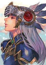 Rule 34 | 1girl, armor, blue eyes, breastplate, from side, grey hair, half-closed eye, half-closed eyes, hungry clicker, lenneth valkyrie, long hair, parted lips, pauldrons, profile, shoulder armor, solo, upper body, valkyrie profile (series), visor (armor)