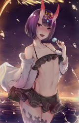 Rule 34 | 1girl, absurdres, backlighting, bare shoulders, bikini, black bikini, blunt bangs, blush, bob cut, breasts, collarbone, commentary request, eyeshadow, fangs, fate/grand order, fate (series), food, groin, hair between eyes, headpiece, highres, horns, jacket, makeup, navel, ocean, off shoulder, oni, open mouth, popsicle, purple eyes, purple hair, red eyeshadow, revision, sherryqq, short hair, shuten douji (fate), skin-covered horns, small breasts, solo, standing, stomach, sunset, swimsuit, water, water drop