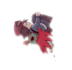 Rule 34 | 1boy, blue jacket, boots, brown footwear, brown hair, calem (pokemon), claws, closed eyes, closed mouth, commentary request, creatures (company), curled up, eyewear on headwear, from side, game freak, gen 6 pokemon, grey pants, hat, hawlucha, jacket, jaho, long sleeves, lowres, male focus, medium hair, nintendo, pants, pokemon, pokemon (creature), pokemon xy, purple headwear, simple background, sunglasses, white background