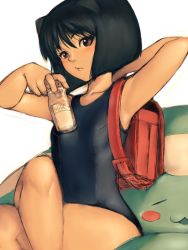 Rule 34 | 1girl, aq interactive, arcana heart, armpits, atlus, backpack, bag, black hair, black one-piece swimsuit, bob cut, brown eyes, crossed legs, daidouji kira, examu, flat chest, fumio (rsqkr), milk, one-piece swimsuit, randoseru, school swimsuit, short hair, sitting, solo, stretching, swimsuit