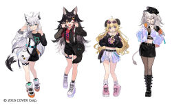 Rule 34 | 4girls, ;d, ;q, ahoge, alternate costume, animal ears, bare legs, belt, black dress, black hair, black hoodie, black jacket, black shirt, black shorts, black skirt, blonde hair, blue eyes, boots, braid, brown legwear, claw pose, closed mouth, crop top, curled horns, double fox shadow puppet, dress, eyewear on head, fishnet legwear, fishnets, fox ears, fox girl, fox shadow puppet, fox tail, full body, grey hair, grin, hair ornament, hairclip, hand up, hat, highres, hololive, hood, hoodie, horns, jacket, jewelry, lion ears, lion girl, lion tail, long hair, long sleeves, looking at viewer, midriff, miniskirt, multicolored hair, multiple girls, nail polish, official art, one eye closed, ookami mio, open clothes, open jacket, open mouth, orange eyes, pantyhose, peaked cap, pencil skirt, purple eyes, red shirt, ring, see-through, see-through sleeves, sheep horns, shirakami fubuki, shirt, shishiro botan, shoes, short dress, short shorts, shorts, shorts under skirt, showgirl skirt, shugao, side slit, skirt, smile, sneakers, socks, standing, stomach, tail, thigh strap, thighs, tongue, tongue out, tsunomaki watame, two-tone hair, v, very long hair, virtual youtuber, white hair, white jacket, white shorts, white skirt, wolf ears, wolf girl, wolf tail