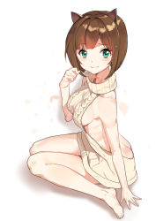 Rule 34 | 10s, 1girl, animal ears, aran sweater, ass, backless dress, backless outfit, bare back, bare shoulders, barefoot, blunt bangs, blush, breasts, brown hair, brown sweater, butt crack, cable knit, cat ears, closed mouth, dress, artistic error, from side, full body, green eyes, halterneck, idolmaster, idolmaster cinderella girls, looking at viewer, maekawa miku, medium breasts, meme attire, naked sweater, ribbed sweater, shadow, short hair, shovelwall, shovelwell, sideboob, sidelocks, simple background, sitting, smile, solo, sweater, sweater dress, tareme, thighs, turtleneck, turtleneck sweater, virgin killer sweater, wariza, white background
