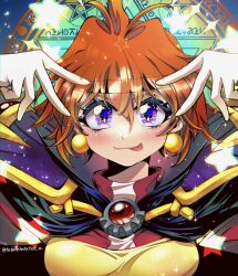 Rule 34 | 1girl, black cape, blush, cape, double v, earrings, gloves, hair between eyes, highres, hoshino ai&#039;s pose, ichi orgin, jacket, jewelry, lina inverse, looking at viewer, orange hair, oshi no ko, parody, portrait, pose imitation, purple eyes, red jacket, slayers, solo, sparkle, star (symbol), straight-on, tongue, tongue out, tube top, twitter username, v, white gloves, yellow tube top