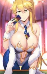 Rule 34 | 1girl, animal ears, artoria pendragon (all), artoria pendragon (fate), artoria pendragon (swimsuit ruler) (fate), bare shoulders, between breasts, blonde hair, blue necktie, blue pantyhose, breasts, card, cleavage, clothing cutout, detached collar, devilukez, fake animal ears, fate/grand order, fate (series), feather boa, fishnet pantyhose, fishnets, green eyes, highleg, highleg leotard, highres, holding, holding card, huge breasts, leaning forward, leotard, long hair, looking at viewer, navel, navel cutout, necktie, pantyhose, playboy bunny, playing card, ponytail, rabbit ears, smile, solo, standing, very long hair, white leotard, wrist cuffs