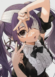 Rule 34 | 1girl, :o, arm up, artist name, bandaged head, bandages, bare shoulders, black bow, black bowtie, black dress, black nails, bow, bowtie, breasts, brown eyes, center frills, detached sleeves, double v, dress, frills, from above, gotou (nekocat), hatsune miku, highres, large breasts, long hair, looking at viewer, looking up, nail polish, one eye covered, open mouth, purple hair, purple lips, short sleeves, solo, twintails, upper body, v, v over eye, very long hair, vocaloid