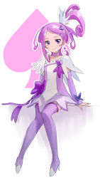Rule 34 | 1girl, boots, bow, brooch, cure sword, dokidoki! precure, full body, hair ornament, hairpin, heart, heart brooch, jewelry, kenzaki makoto, light smile, looking at viewer, one side up, precure, purple eyes, purple footwear, purple hair, purple skirt, purple theme, simple background, sitting, skirt, solo, spade, spade hair ornament, thigh boots, thighhighs, unyon
