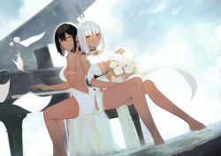 Rule 34 | 2girls, absurdres, armlet, azur lane, backless dress, backless outfit, bare shoulders, black hair, blue sky, blush, bouquet, breasts, brown eyes, cleavage, closed mouth, clou, cloud, cloudy sky, commentary, dark-skinned female, dark skin, day, dress, earrings, facial mark, flower, forehead mark, full body, highres, huge filesize, instrument, jewelry, long hair, looking back, massachusetts (azur lane), massachusetts (dressed to impress) (azur lane), medium breasts, multiple girls, natsumoka, outdoors, partially submerged, piano, piano bench, short hair, silver hair, simple background, sitting, sky, smile, south dakota (azur lane), south dakota (solo concert) (azur lane), thighs, water, white dress