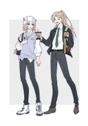 Rule 34 | 2boys, alternate hairstyle, bag, black jacket, blonde hair, blue eyes, blue sweater vest, boots, bubble tea, cellphone, charm (object), chuchumimipupu, closed eyes, commentary request, contemporary, facial hair, green necktie, gyro zeppeli, handbag, hat, highres, holding, holding phone, jacket, johnny joestar, jojo no kimyou na bouken, male focus, multiple boys, necktie, open mouth, phone, ponytail, smartphone, smile, star (symbol), steel ball run, sweater vest