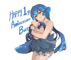 Rule 34 | 1girl, anniversary, bao (vtuber), bao (vtuber) (1st costume), bare shoulders, blue hair, cowboy shot, dress, grey dress, holding, indie virtual youtuber, long hair, looking at viewer, simple background, smile, solo, strapless, strapless dress, thernz, very long hair, virtual youtuber, white background