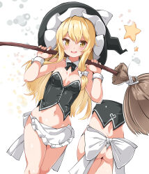 Rule 34 | 1girl, adapted costume, apron, ass, bare shoulders, black bow, black bowtie, black hat, black skirt, blonde hair, blush, bow, bowtie, breasts, breasts apart, broom, cowboy shot, detached collar, frilled headwear, hair between eyes, hair bow, hat, highres, holding, holding behind back, holding broom, huyusilver, kirisame marisa, legs together, long hair, looking at viewer, median furrow, multiple views, navel, open mouth, raised eyebrows, revealing clothes, shirt, sidelocks, simple background, skirt, small breasts, smile, solo, stomach, straight hair, strapless, strapless shirt, sweatdrop, thighs, touhou, turnaround, waist apron, white apron, white background, white bow, white wrist cuffs, witch hat, wrist cuffs, yellow eyes