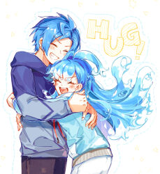 Rule 34 | 1boy, 1girl, affectionate, black pants, blue hair, blue hoodie, blush, closed eyes, commentary, conchitwa, english commentary, english text, facing another, from side, grin, highres, hololive, hololive indonesia, holostars, holostars english, hood, hoodie, hug, kobo kanaeru, kobo kanaeru (1st costume), light blue hair, long hair, open mouth, pants, regis altare, short hair, siblings, smile, standing, teeth, upper body, virtual youtuber, white background, white pants