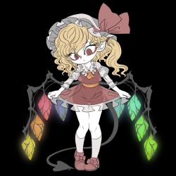 Rule 34 | 1girl, ascot, black background, blonde hair, bow, flandre scarlet, frilled shirt collar, frilled skirt, frilled sleeves, frills, hat, hat bow, laevatein (tail), long sleeves, medium hair, mob cap, one side up, puffy sleeves, red bow, red eyes, red footwear, red shirt, see-through silhouette, shirt, shoes, simple background, skirt, slit pupils, socks, solo, tail, touhou, white hat, wings, yellow ascot, yt (wai-tei)