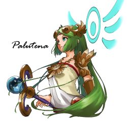 Rule 34 | 1girl, armlet, blue eyes, bracelet, character name, circlet, closed mouth, frown, green hair, holding, holding staff, jewelry, kid icarus, long hair, looking away, necklace, nintendo, nishikuromori, palutena, parted bangs, simple background, solo, staff, strapless, very long hair, white background