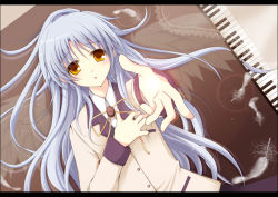 Rule 34 | 10s, 1girl, angel beats!, blazer, blue hair, feathers, foreshortening, from above, instrument, kawai maria, letterboxed, long hair, lying, on back, outstretched arm, outstretched hand, piano, reaching, school uniform, solo, tenshi (angel beats!), yellow eyes