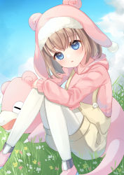 Rule 34 | 1girl, blue eyes, blue sky, blush, brown hair, cloud, collarbone, commentary request, creatures (company), day, flower, fur-trimmed headwear, fur trim, game freak, gen 1 pokemon, head tilt, highres, hood, hood down, hoodie, knees together feet apart, knees up, looking at viewer, nintendo, on grass, outdoors, overall shorts, overalls, pantyhose, parted lips, pink flower, pink footwear, pink headwear, pink hoodie, pokemon, pokemon (creature), pokemon unite, shoes, sky, slowpoke, suzu (minagi), white flower, white pantyhose, yellow flower