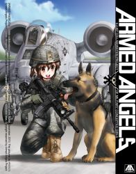 Rule 34 | 1girl, a-10, a-10 thunderbolt ii, aircraft, airplane, armed angels, assault rifle, attack aircraft, autocannon, body armor, boots, brown eyes, brown hair, camouflage, cannon, close air support, cloud, commentary, destruction, dog, flashlight, gatling gun, gau-8 avenger, german shepherd, gloves, gun, gunship, happy, helmet, henshako, load bearing vest, long hair, m4 carbine, military, military operator, military uniform, multiple-barrel firearm, original, police, ponytail, rifle, rotary cannon, scope, sky, smile, soldier, solo, trigger discipline, uniform, united states, weapon