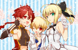 Rule 34 | 1girl, 2boys, aged down, ahoge, alexander (fate), armpits, artoria pendragon (all), artoria pendragon (fate), bare shoulders, blonde hair, blue background, blue shirt, bow, braid, child, child gilgamesh (fate), dress, elbow gloves, fang, fate/grand order, fate/hollow ataraxia, fate/stay night, fate/unlimited codes, fate (series), framed, gilgamesh (fate), gloves, green eyes, hair bow, hair ribbon, hood, hooded jacket, jacket, long hair, long sleeves, midriff, multiple boys, petals, ponytail, red eyes, red hair, ribbon, saber (fate), saber lily, shirt, short hair, signature, sleeveless, sleeveless dress, smile, striped, striped background, tank top, trait connection, upper body, vertical stripes, white gloves, yakan (kusogaki teikoku)
