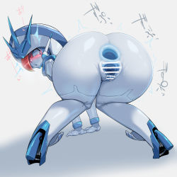 Rule 34 | 1girl, ^^^, ahegao, all fours, anal, anus, bar censor, blue anus, blue pussy, blush, censored, colored skin, darling in the franxx, delphinium (darling in the franxx), double penetration, from behind, hat, high heels, humanoid robot, knees together feet apart, looking back, no feet, open mouth, pochincoff, pussy, robot, rolling eyes, saliva, simple background, solo, spread anus, spread pussy, squatting, tongue, tongue out, vaginal, white background, white skin