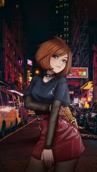 Rule 34 | 1girl, :3, arm under breasts, bad deviantart id, bad id, black choker, black collar, black shirt, black undershirt, bob cut, boku no hero academia, brown hair, building, bus, car, casual, choker, city, collar, commentary, contrapposto, covering privates, covering crotch, cowboy shot, derivative work, english commentary, fishnet pantyhose, fishnets, hand on own crotch, hand on own stomach, head tilt, highres, jeffxart, leather skirt, leopard, long sleeves, looking at viewer, loose clothes, loose shirt, motor vehicle, night, pantyhose, photo background, purple eyes, red skirt, road, shirt, short hair, short sleeves, sign, skirt, smile, solo, street, swept bangs, t-shirt, uraraka ochako, zipper, zipper pull tab