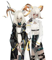 Rule 34 | 2girls, animal ear fluff, animal ears, arknights, beeswax (arknights), black coat, black gloves, black skirt, blush, carnelian (arknights), closed mouth, coat, dark-skinned female, dark skin, dress, enne kl, gloves, goat ears, goat girl, goat horns, hand up, height difference, high-waist skirt, highres, horns, infection monitor (arknights), long hair, long sleeves, looking at viewer, multiple girls, open clothes, open coat, red eyes, short hair, siblings, sidelocks, silver hair, simple background, sisters, skirt, smile, standing, thigh strap, thighlet, underbust, white background, white coat, white dress, yellow eyes