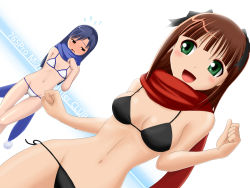 00s amami_haruka araragi_yuuichi bikini blue_hair blush brown_hair dutch_angle green_eyes idolmaster idolmaster_(classic) kisaragi_chihaya long_hair scarf short_hair swimsuit