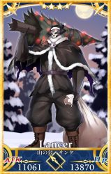 Rule 34 | 1boy, black capelet, black hat, black pants, black santa costume, black shirt, boots, brown footwear, capelet, card (medium), card parody, christmas lights, christmas ornaments, christmas tree, cross-laced footwear, eiri (eirri), fate/grand order, fate (series), full moon, fur-trimmed capelet, fur-trimmed headwear, fur trim, gauntlets, glowing, glowing eyes, hat, holding, holding sack, horns, king hassan (fate), lace-up boots, looking at viewer, male focus, moon, outdoors, pants, puffy pants, sack, santa costume, santa hat, servant card (fate/grand order), shirt, skull, snow, solo, standing, star (symbol), torn capelet, torn clothes, torn shirt