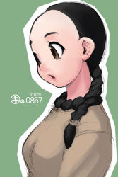 Rule 34 | 1girl, :o, black eyes, black hair, braid, close-up, from side, head tilt, highres, kei jiei, parted lips, simple background, solo, upper body