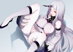 Rule 34 | 10s, 1girl, abyssal ship, bare shoulders, blush, breasts, cameltoe, claws, covered erect nipples, detached sleeves, dress, female focus, grabbing, horns, kaba shiromi, kantai collection, large breasts, legs up, long hair, looking at viewer, lying, on back, open mouth, panties, presenting, red eyes, ribbed dress, seaport princess, shirakaba, short dress, simple background, single horn, sitting, solo, spread legs, thigh grab, tongue, tongue out, underwear, very long hair, white dress, white hair, white panties