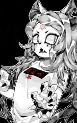 Rule 34 | 666, animal ears, black background, black claws, bracer, cat, cat ears, cat girl, claire d&#039;lune, claws, furry, furry female, goth fashion, hb 091, long hair, monochrome, open mouth, pentagram, shirt, simple background, slit pupils, teeth, the summoning, white fur, white shirt