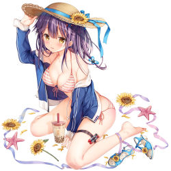 Rule 34 | 1girl, azur lane, bad id, bad pixiv id, bare legs, bare shoulders, barefoot, between legs, bikini, blue jacket, blush, breasts, bubble tea, cleavage, collarbone, cup, disposable cup, drawstring, drinking straw, flower, front-tie bikini top, front-tie top, hair ornament, hairclip, halterneck, hand on headwear, hand up, hat, hat flower, hat ribbon, highres, jacket, medium breasts, mullany (azur lane), off shoulder, open clothes, open jacket, open mouth, pink bikini, purple hair, ribbon, sandals, side-tie bikini bottom, sidelocks, simple background, sitting, sleeves past wrists, solo, sousouman, starfish, straw hat, striped bikini, striped clothes, sunflower, swimsuit, thigh strap, thighs, unworn sandals, wariza, white background