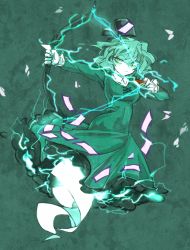 Rule 34 | 1girl, arrow (projectile), bow (weapon), chamaruk, drawing bow, dress, ghost tail, green dress, green eyes, green hair, hat, hat ribbon, holding, holding bow (weapon), holding weapon, lightning, long sleeves, matching hair/eyes, ribbon, soga no tojiko, solo, touhou, weapon