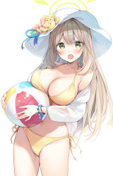 Rule 34 | 1girl, :o, ball, bare shoulders, beachball, bead bracelet, beads, bikini, blue archive, bracelet, breasts, brown hair, cleavage, collarbone, cowboy shot, flower, front-tie bikini top, front-tie top, green eyes, halo, halterneck, hat, hat flower, highres, holding, jewelry, large breasts, long hair, long sleeves, looking at viewer, navel, nonomi (blue archive), nonomi (swimsuit) (blue archive), off shoulder, open clothes, open mouth, oryo (oryo04), side-tie bikini bottom, simple background, solo, standing, stomach, string bikini, sun hat, swimsuit, thighs, white background, white hat, wristband, yellow bikini