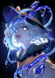 Rule 34 | 1girl, alternate eye color, black background, black hat, blue eyes, bud, buttons, collared shirt, diamond button, floating hair, flower, frilled shirt collar, frills, glowing, glowing eyes, grey hair, hair over one eye, hat, hat ribbon, highres, komeiji koishi, liquid, long bangs, looking at viewer, open mouth, plant, portrait, ribbon, rose, shirt, short hair, sidelocks, simple background, solo, teeth, thorns, touhou, u u zan, upper teeth only, vines, vines from eyes, yellow ribbon, yellow shirt