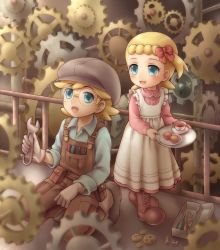 Rule 34 | 1boy, 1girl, alternate color, asymmetrical hair, blonde hair, blue eyes, blush, bonnie (pokemon), boots, bow, brother and sister, brown footwear, brown hat, child, clemont (pokemon), creatures (company), cross-laced footwear, cup, dress, food, full body, game freak, gears, gen 5 pokemon, glasses, gloves, hair bow, hat, highres, holding, indoors, klink, kneeling, nintendo, nut (hardware), open mouth, overalls, plate, pokemon, pokemon (creature), porocha, pouch, railing, screw, screwdriver, shiny skin, short hair, siblings, standing, tea, teacup, toolbox, tools, tray, white dress, white gloves, wrench