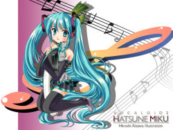 Rule 34 | aizawa hiroshi, detached sleeves, green eyes, green hair, hatsune miku, long hair, musical note, solo, spring onion, thighhighs, treble clef, twintails, vocaloid