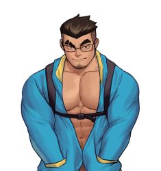 Rule 34 | 1boy, abs, absurdres, bara, black hair, blue jacket, closed mouth, eyebrow cut, facial hair, glasses, hands in pockets, helbai, highres, jacket, large pectorals, looking at viewer, male focus, muscular, muscular male, navel, original, pectorals, short hair, simple background, smile, solo, thick eyebrows, upper body, white background