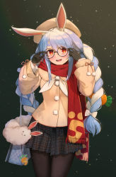 Rule 34 | 1girl, :d, alternate costume, animal ear fluff, animal ears, bag, beige headwear, beige jacket, beret, black-framed eyewear, black gloves, black skirt, blue hair, blush, bow, braid, brown hat, carrot hair ornament, cowboy shot, don-chan (usada pekora), fang, food-themed hair ornament, glasses, gloves, grey background, hair bow, hair ornament, handbag, hands up, hat, highres, holding, holding removed eyewear, hololive, long hair, long sleeves, looking up, multicolored hair, neckerchief, open mouth, pantyhose, plaid, plaid skirt, pom pom (clothes), rabbit ears, red eyes, red scarf, round eyewear, sa (sam-ya), scarf, sidelocks, skirt, smile, snow, solo, standing, swept bangs, twin braids, two-tone hair, unworn eyewear, usada pekora, virtual youtuber, white bow, white hair, white neckerchief, winter clothes