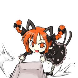 Rule 34 | 1girl, animal ears, blush, bow, braid, cat ears, cat girl, cat tail, dress, extra ears, female focus, futa (nabezoko), kaenbyou rin, long hair, looking at viewer, multiple tails, open mouth, orange eyes, orange hair, simple background, solo, tail, touhou, twin braids, wheelbarrow, white background